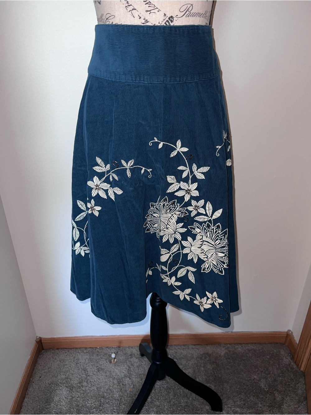 VTG Talbots Teal Corduroy Embroidered Beaded Floral Midi Skirt Size 14